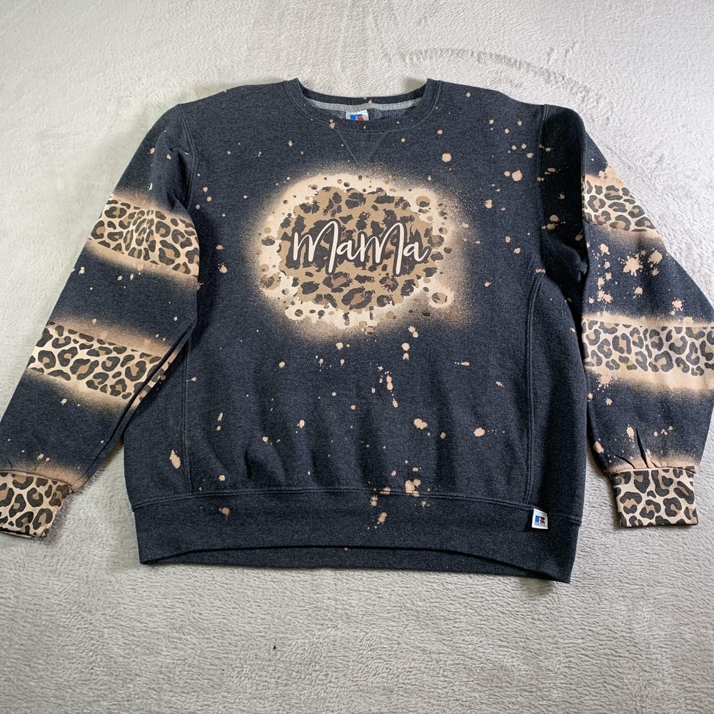 Vintage Russell Athletic Sweatshirt Womens Large Gray‎ Mama Leopard Print Fleece